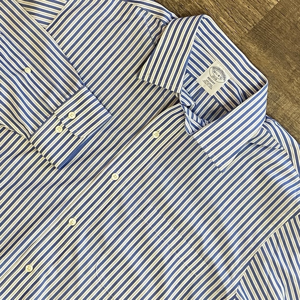 Brooks Brothers Shirt Mens Off-White With Blue Stripe L 16.5-4/5 Classic Dadcore